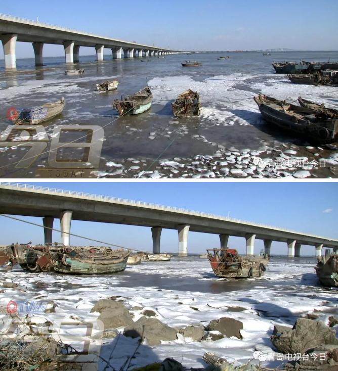 胶州湾海水都结冰了！搁浅的小船都被冻在了冰面上
