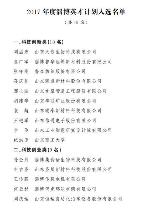 2017年度淄博英才计划名单公布 19人入选