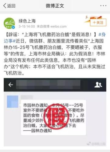 上海市官方：“上海将飞机撒药治白蛾”系假消息