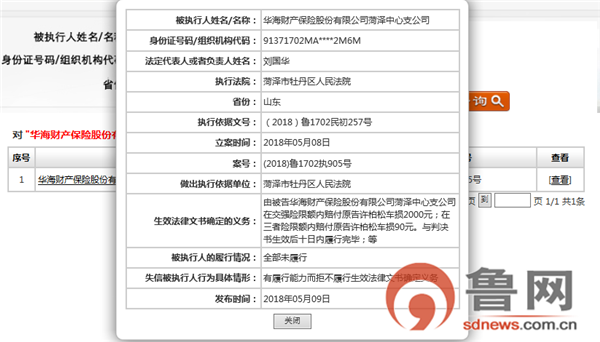 拒絕履行賠付義務 華海財險菏澤中支被列入失信被執行人