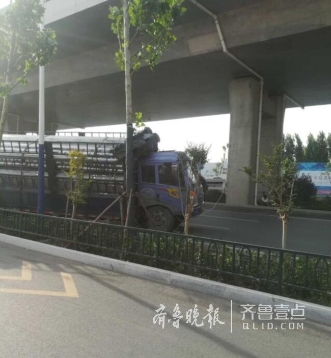 情报站|济南工业北路，一大货车失控冲进路边绿化带