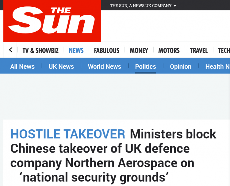 英官员欲阻止中企收购英国防务公司，宣称担忧“敏感机密外泄”