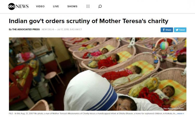 特蕾莎修女在印度创办的慈善机构遭曝卖婴 印度政府下令彻查