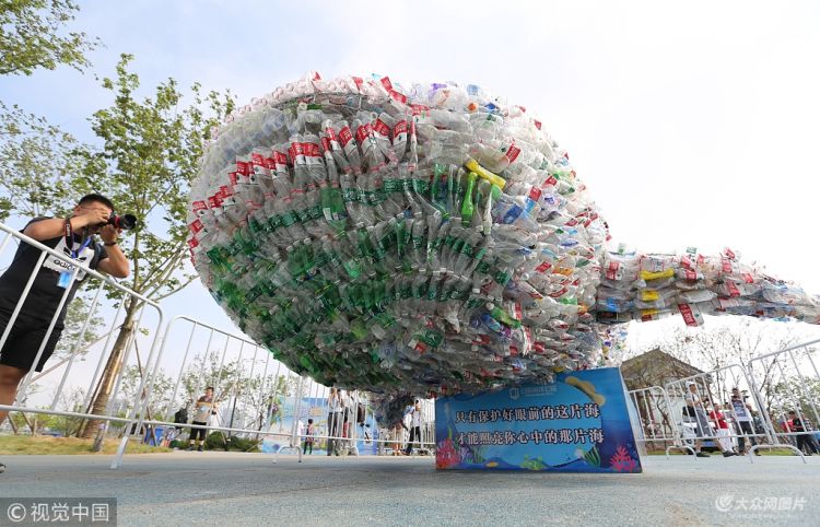 四万个废旧塑料瓶变身鲨鱼 呼吁保护海洋环境