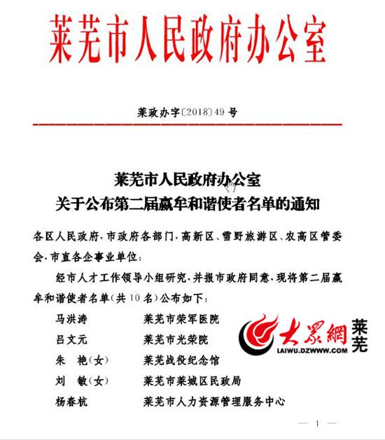 莱芜公布第二届赢牟和谐使者名单 马洪涛等10人入选