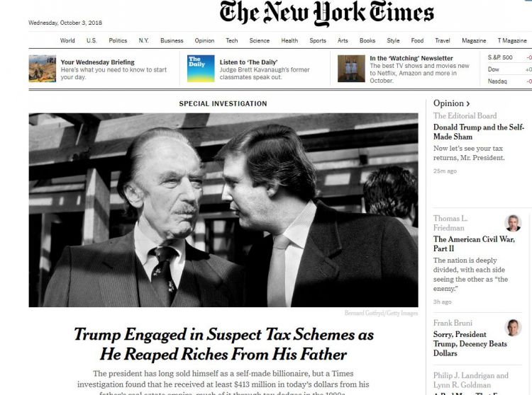 《纽约时报》曝特朗普违法避税 白宫反驳：误导性攻击