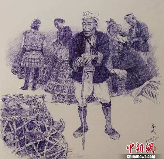 七旬老人用圆珠笔画出“最炫民族风” 单幅耗费21支笔