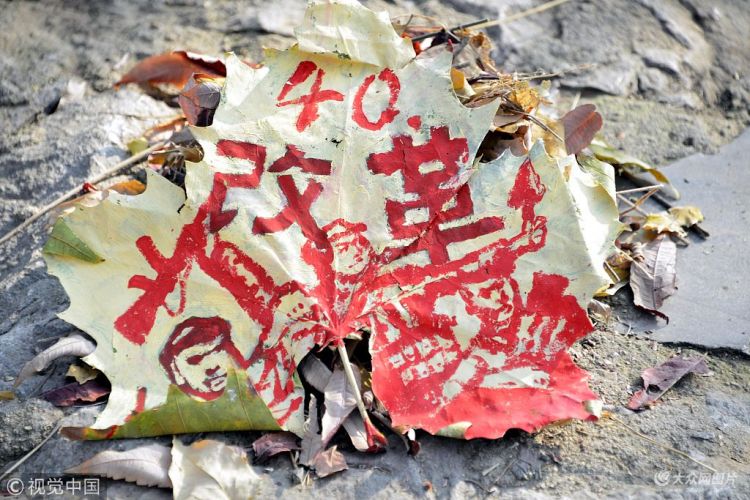 聊城:大学生枯叶涂鸦纪念改革开放40周年