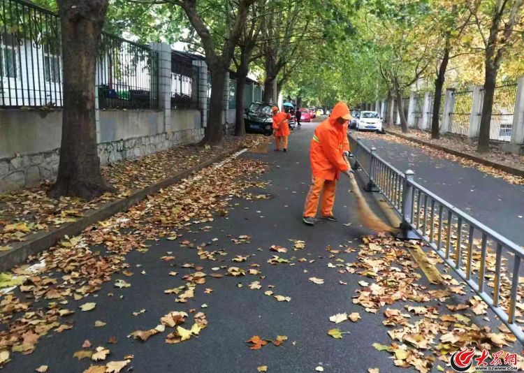 战秋雨扫落叶 济南环卫工人寒风中保城市整洁
