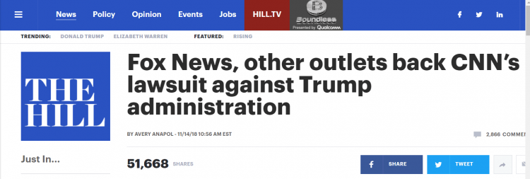来自“好朋友”的背叛？福克斯新闻网公开支持CNN起诉特朗普