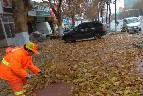 降温降雨落叶飘 临沂环卫工人保障道路干净整洁