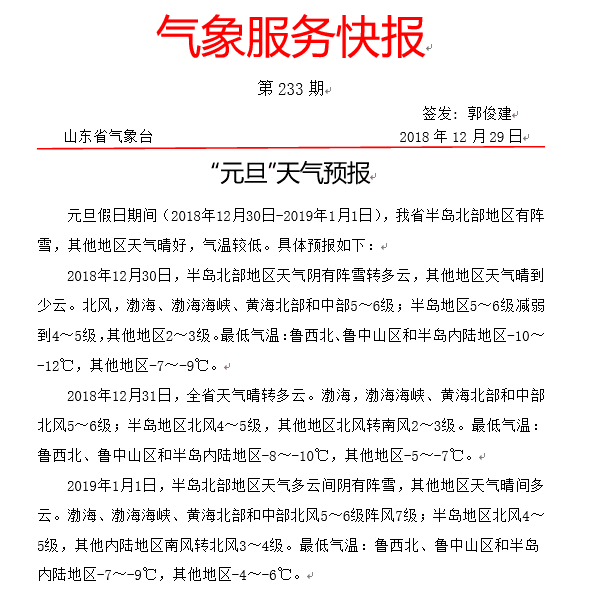 元旦天气预报：山东北部有雪、其余晴天，最低-12℃