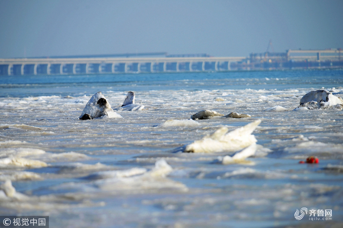 青岛：寒潮来袭 胶州湾海岸集结千米海冰
