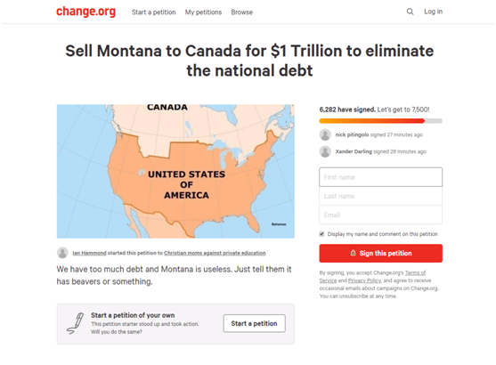 22万亿国债怎么还？约6300美国人请愿，一万亿先把蒙大拿卖给加拿大