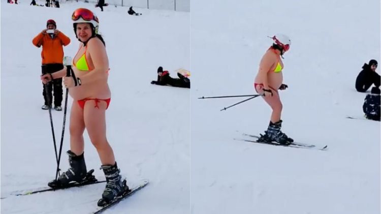 俄孕妇挺大肚穿比基尼滑雪 网友:孩子爸是北极熊?