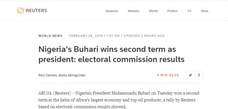 尼日利亚大选计票结束 现任总统布哈里胜选