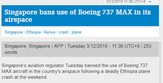 新加坡民航局宣布，暂停所有波音737MAX型飞机进出本国！