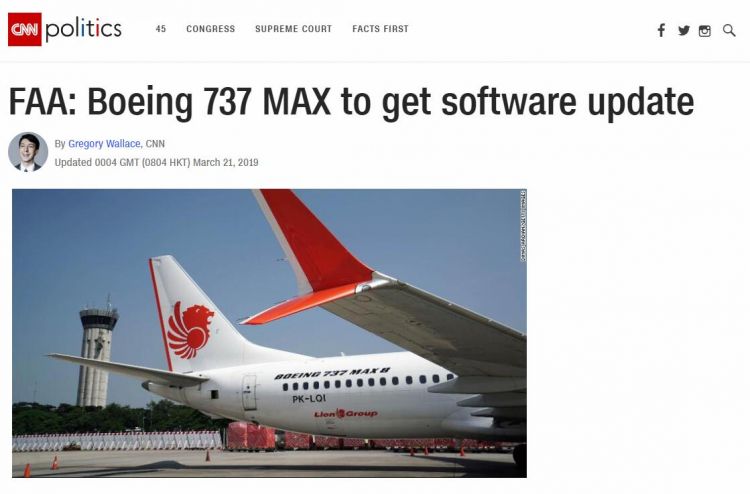 美联邦航空局：波音已开发软件升级补丁，将升级737MAX机型