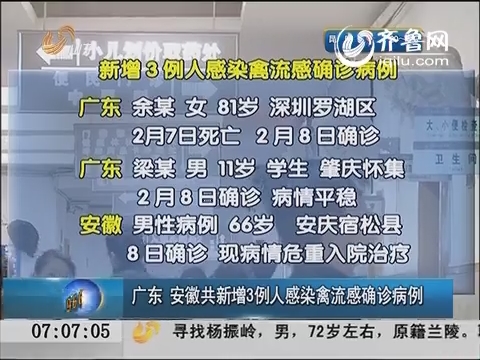 广东、安徽共新增3例人感染禽流感确诊病例