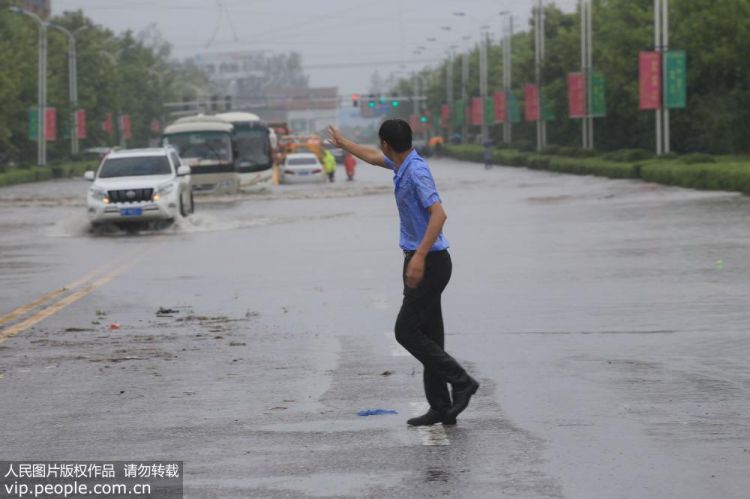 河南淮陽暴雨致段路積水成河 男子冒雨攔車