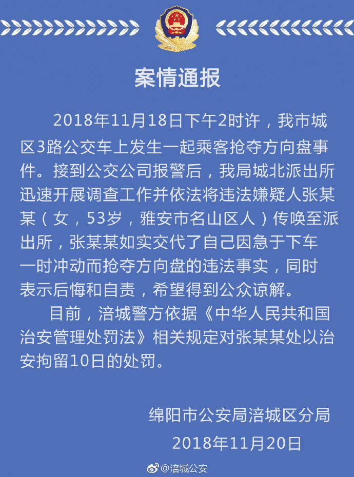 大媽公交坐過站搶奪司機方向盤 被警方拘留10天